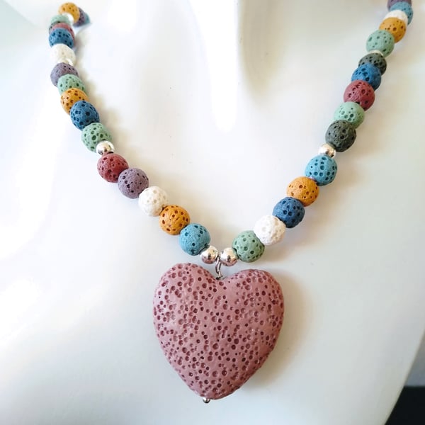 Multi Colour Volcanic Lava Rock Large Heart Necklace 18 - 20 Inch, 