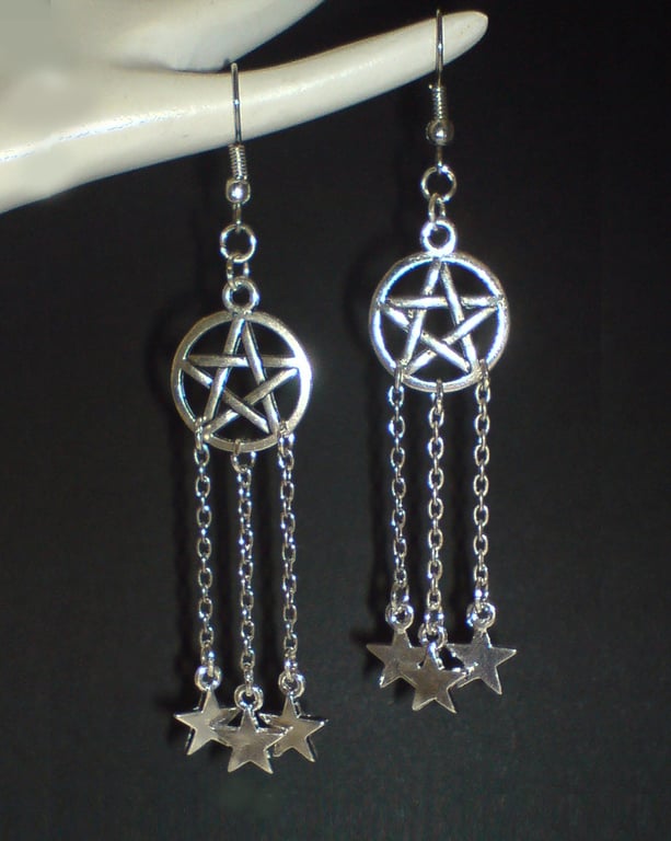 Silver Plate Dangling Star Pentagram Pentacle Earrings Wicca Pagan
