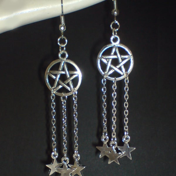 Silver Plate Dangling Star Pentagram Pentacle Earrings Wicca Pagan