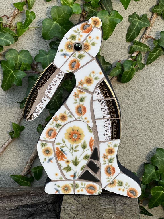Mosaic Moon Gazing Hare, Made with Vintage china, Ceramic Mosaic Art