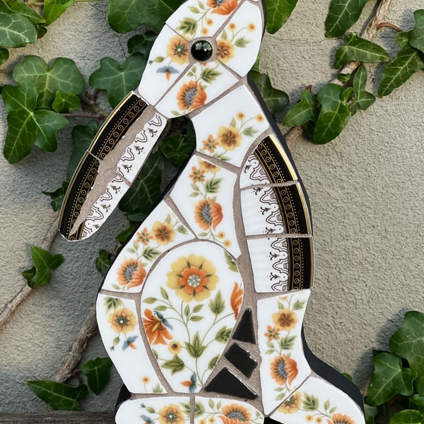 Mosaic Moon Gazing Hare, Made with Vintage china, Ceramic Mosaic Art