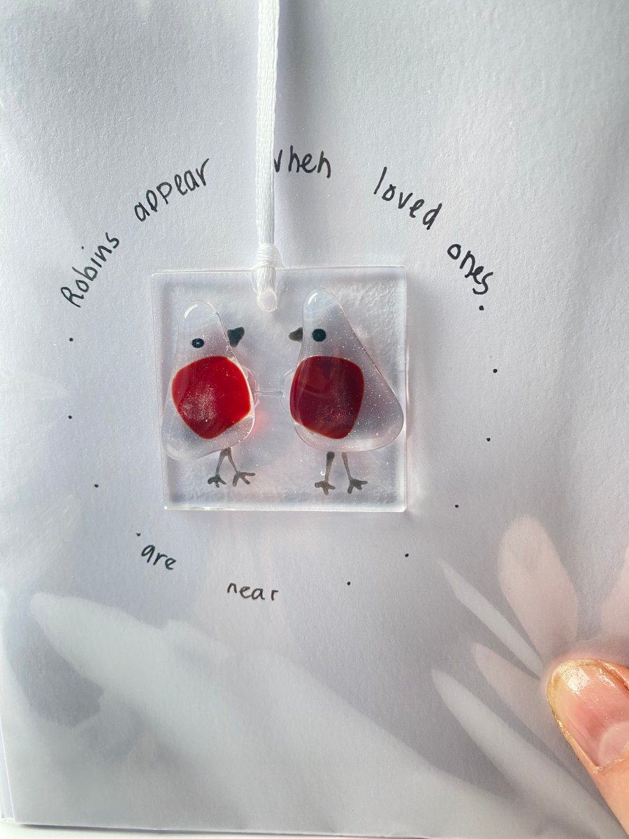 Fused glass keepsake cards- glass robins 