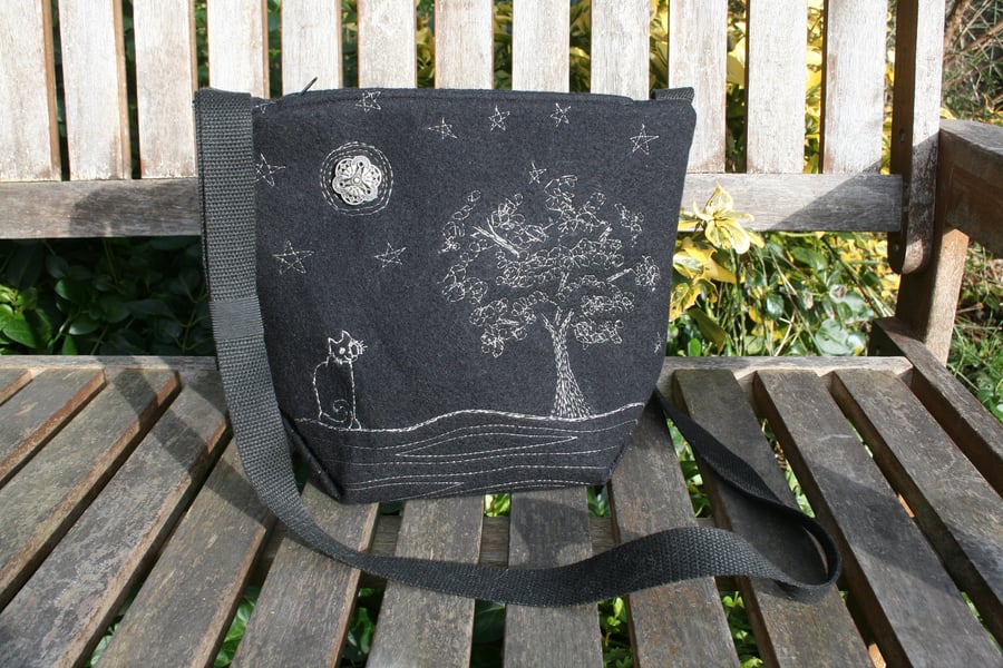 Embroidered stargazing cat crossbody bag - black upcycled handbag tote tree star