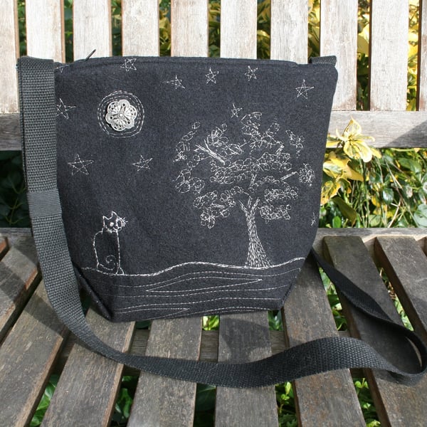 Embroidered stargazing cat crossbody bag - black upcycled handbag tote tree star