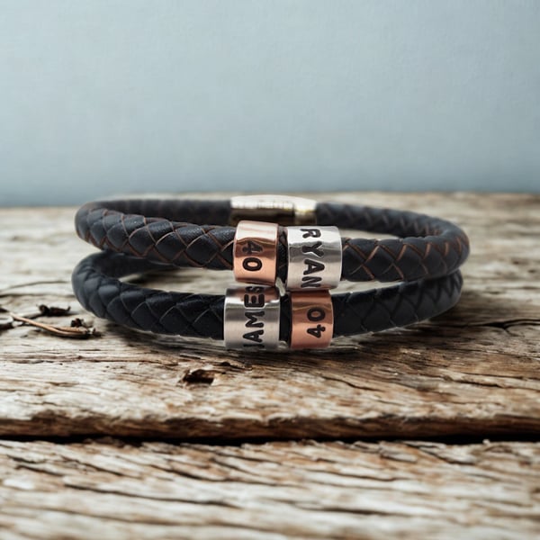 40th Birthday Gift - Personalised Leather Bracelet - Dad Brother Son Husband