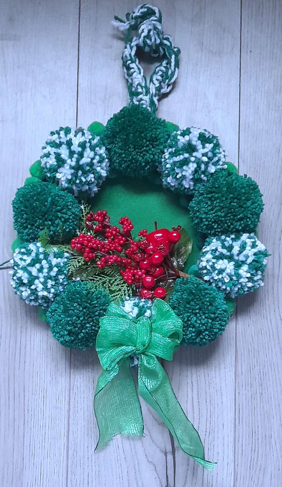 Green, White and Red Christmas Pom Pom Wreath 32cms