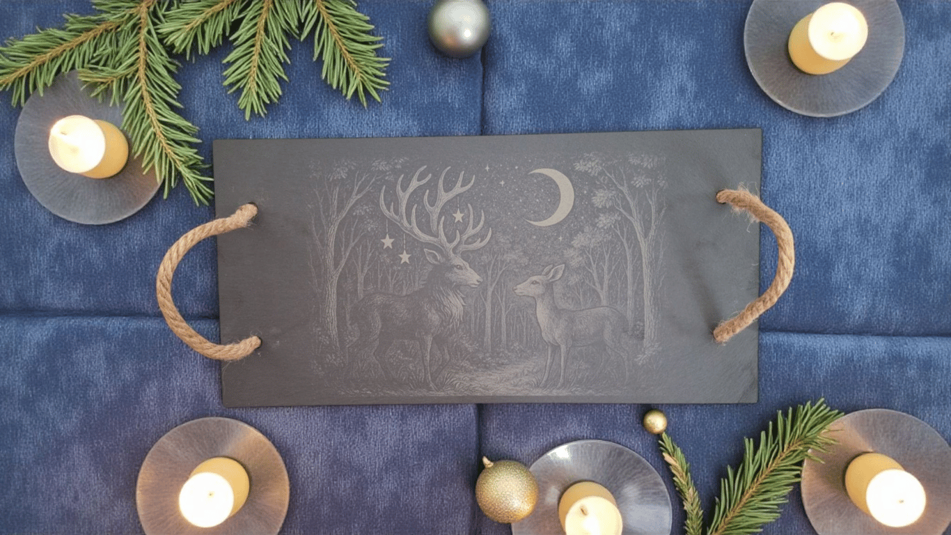 Large Slate Charcuterie & Serving Tray – Woodland Stag & Doe Under the Moon