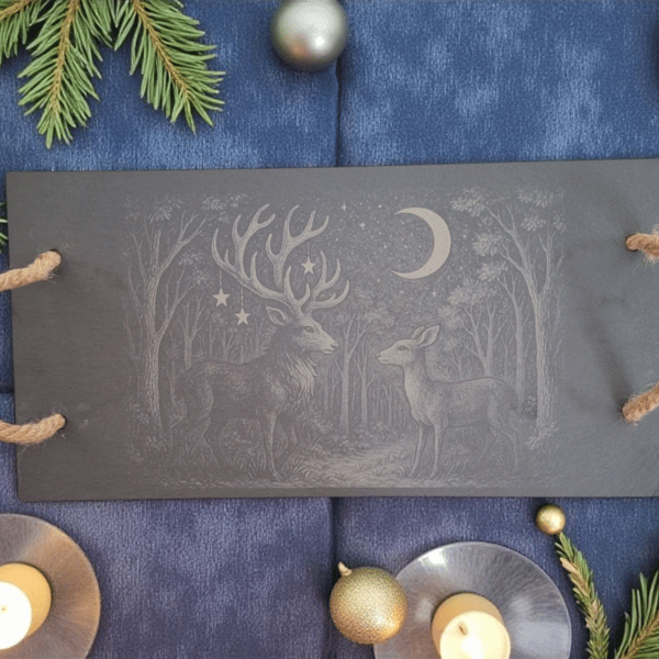 Large Slate Charcuterie & Serving Tray – Woodland Stag & Doe Under the Moon