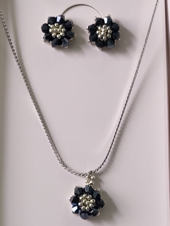 Black Onyx Crystal Flower Necklace and Stud Earrings Handmade Jewellery Set