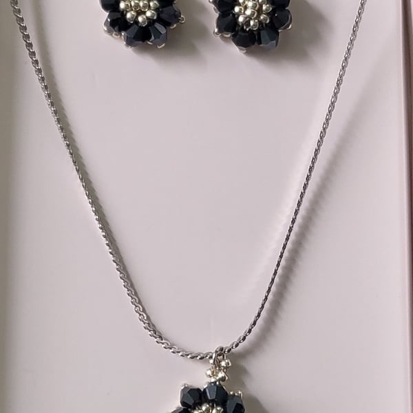 Black Onyx Crystal Flower Necklace and Stud Earrings Handmade Jewellery Set