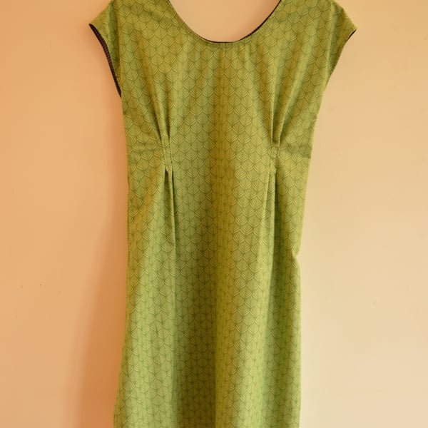 Handmade green tea dress leaf print in cotton.