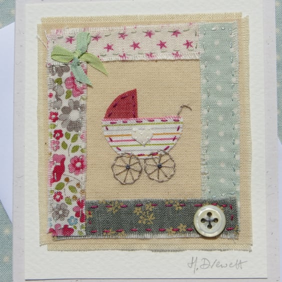 Little pram embroidery on card to welcome a precious new baby 