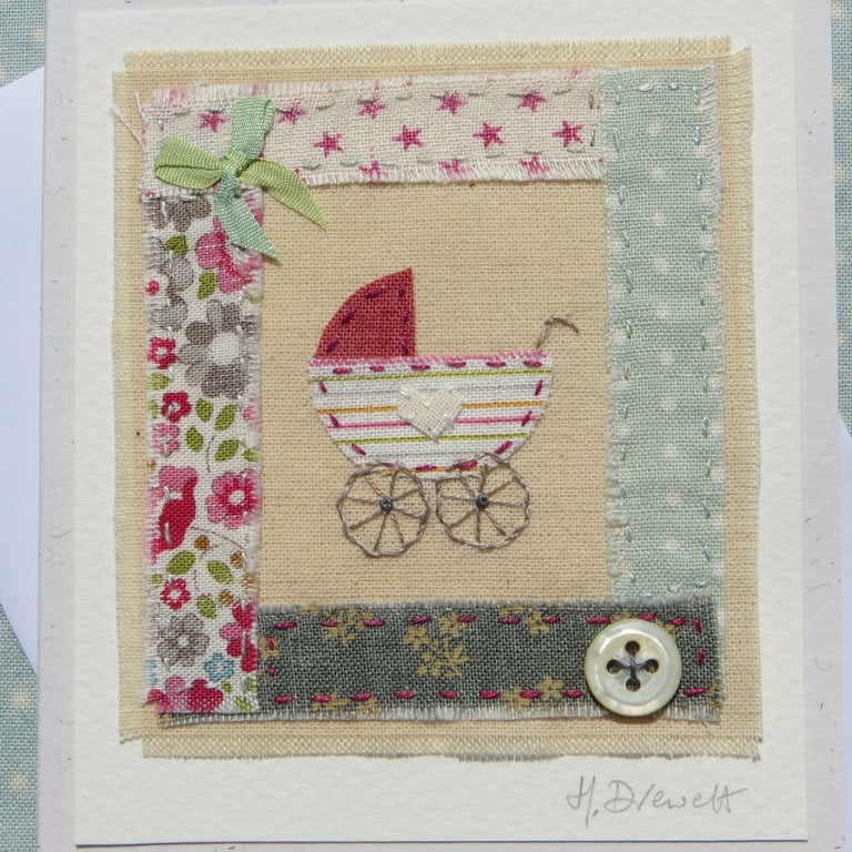Little pram embroidery on card to welcome a precious new baby 