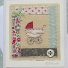 Little pram embroidery on card to welcome a precious new baby 