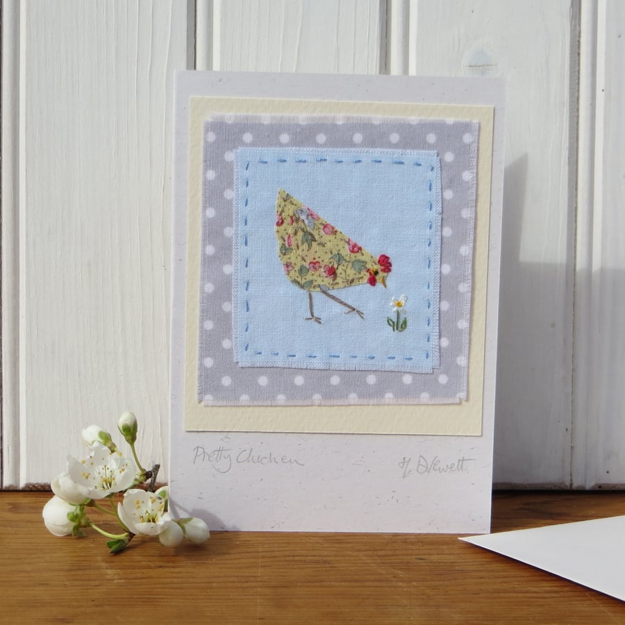 Pretty little hand-stitched hen card, polka dot print background - card to keep!