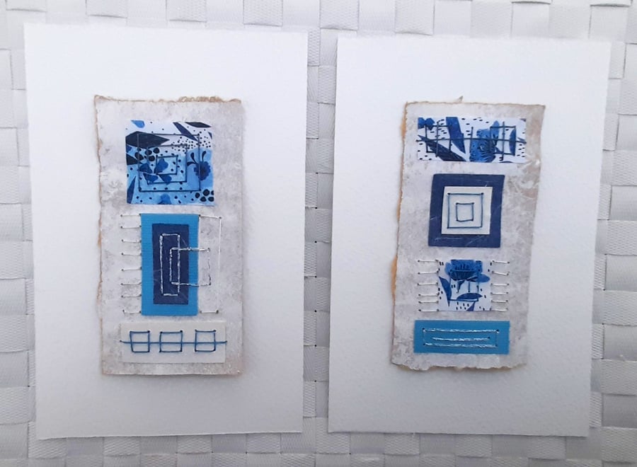 Pretty Patterned Blue & White Handstitched Geometric Small Artworks