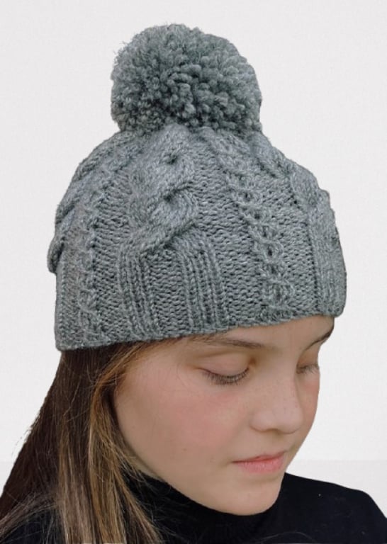 Childs Hand Knitted Hat in Grey - Fits Age 8 - 11 years