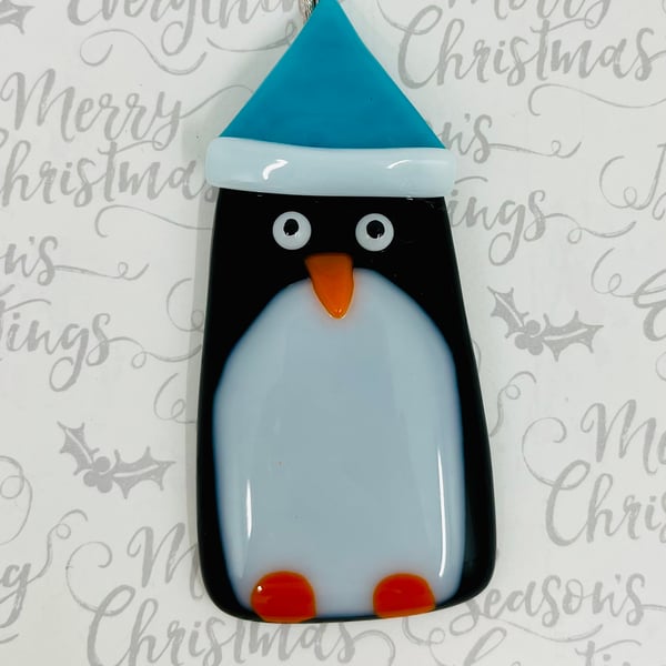 Large Handmade Fused Glass Penguin Hanging Christmas Decoration 