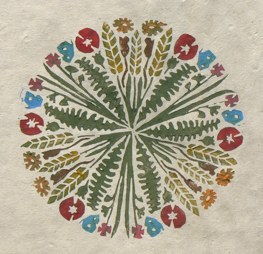 mandala 3, poppies, corn and mice linocut print