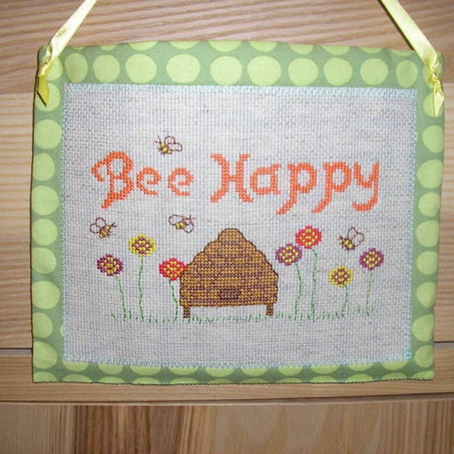 hand embroidered picture -  bee happy