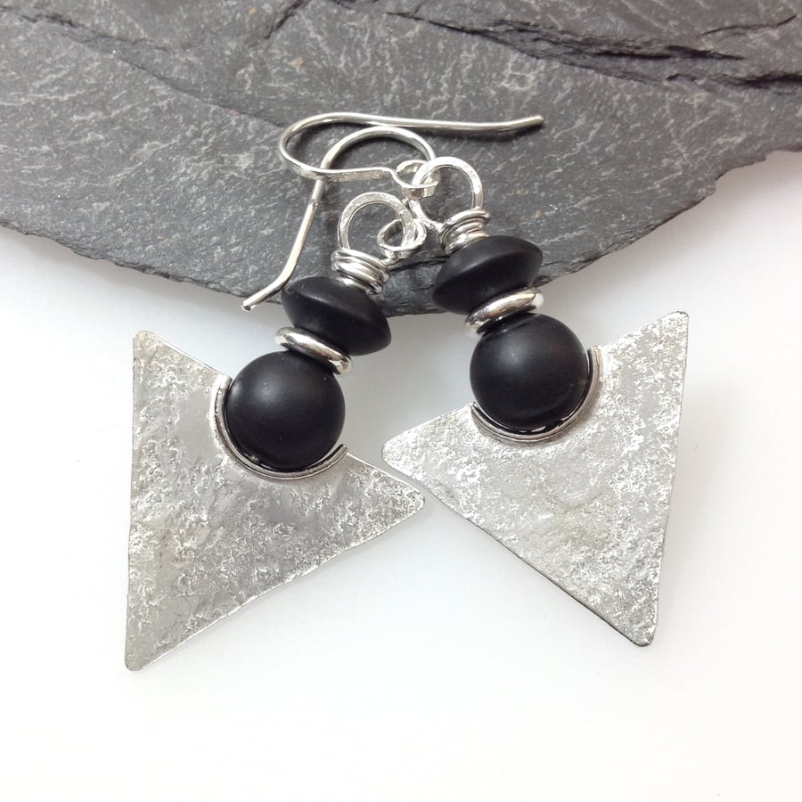 Silver and black agate tribal earrings