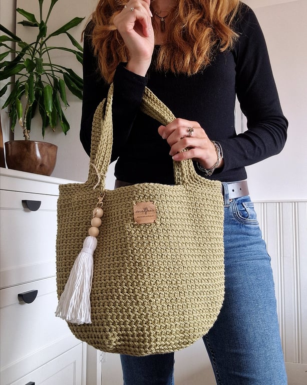 Light Green Crochet Shoulder Bag - Vegan Tote Holiday & Market Bag