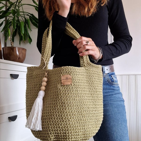 Light Green Crochet Shoulder Bag - Vegan Tote Holiday & Market Bag