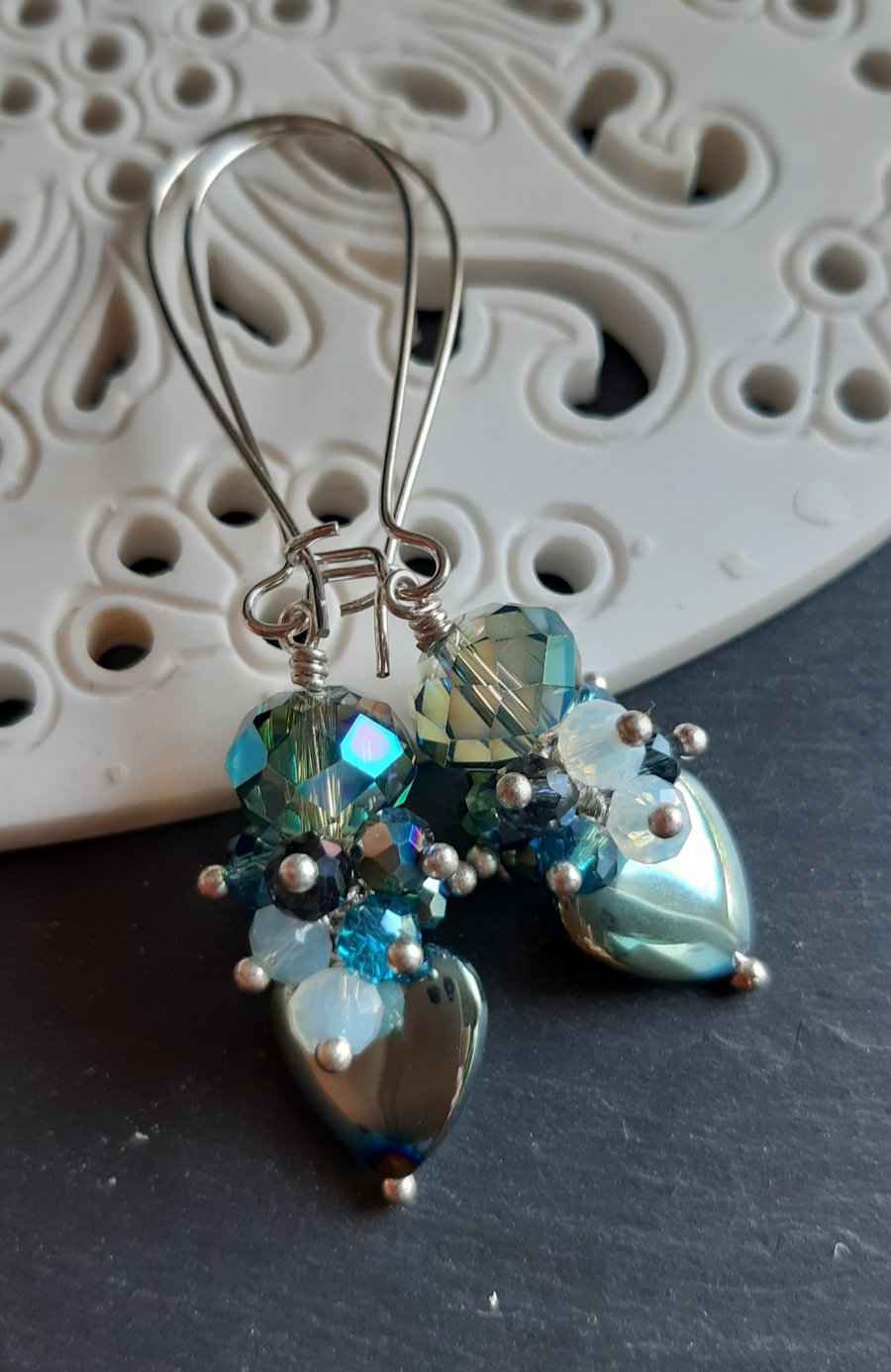 Haematite heart crystal cluster earrings