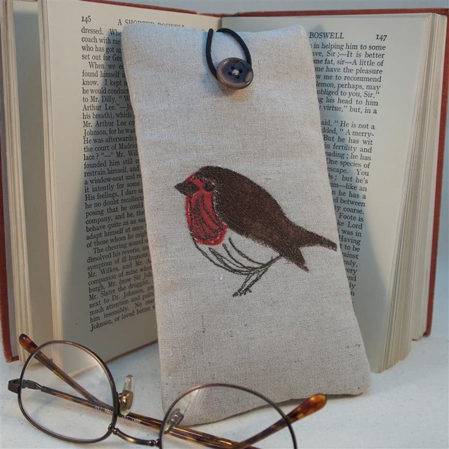 Glasses Case Handmade Robin Design Freehand Machine Embroidered in Linen 