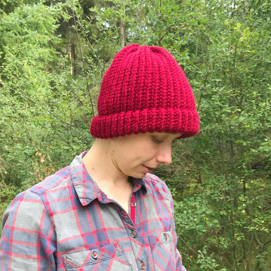 Chunky Knit Hat. Fisherman Style Hat. Knitted Beanie. Beanies. Red Beanie.