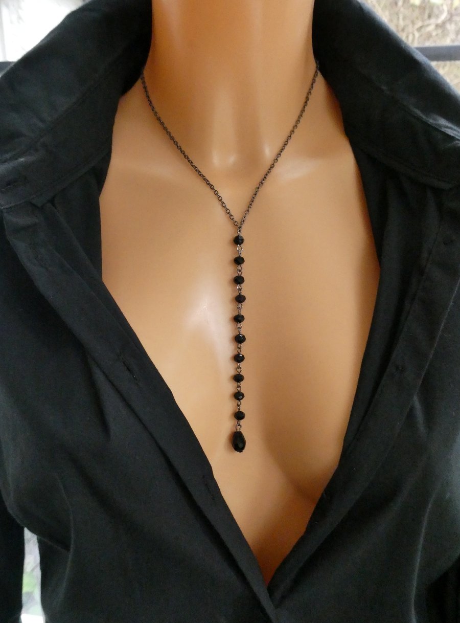 Gunmetal black crystal lariat necklace