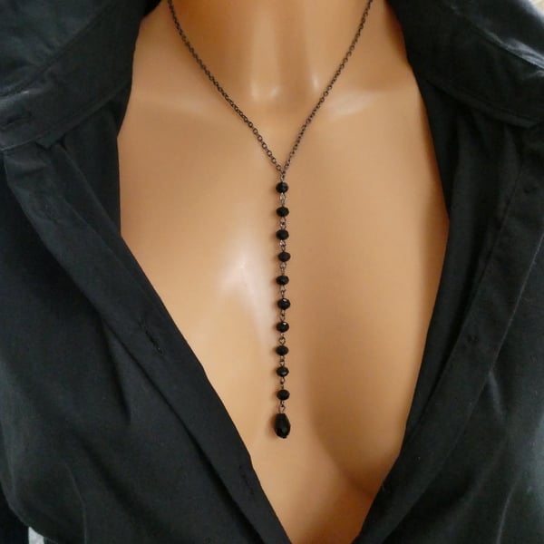 Gunmetal black crystal lariat necklace