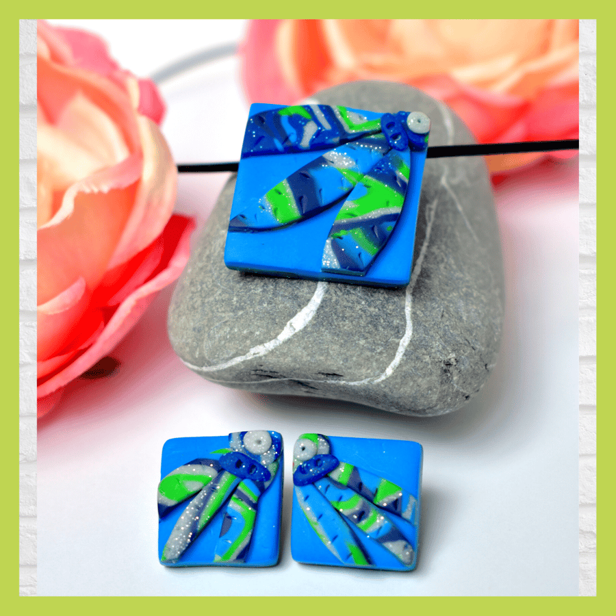 Bribie Island Australiana Blue, Green & Silver Polymer Clay Pendant & Earrings
