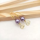 Light Amethyst Crystal Pearl & Antique Pink Heart Earrings, Handmade Gift 