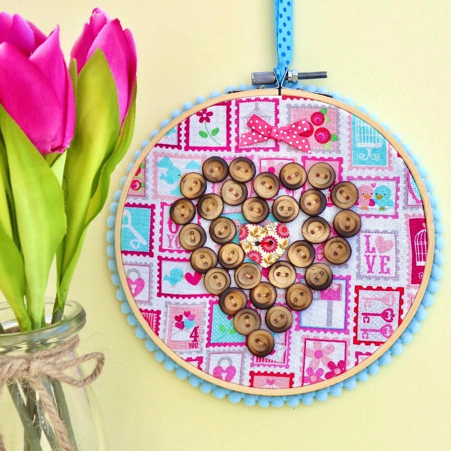 Embroidered Hoop Decoration: Appliqué Button Heart design 6” (15cm)