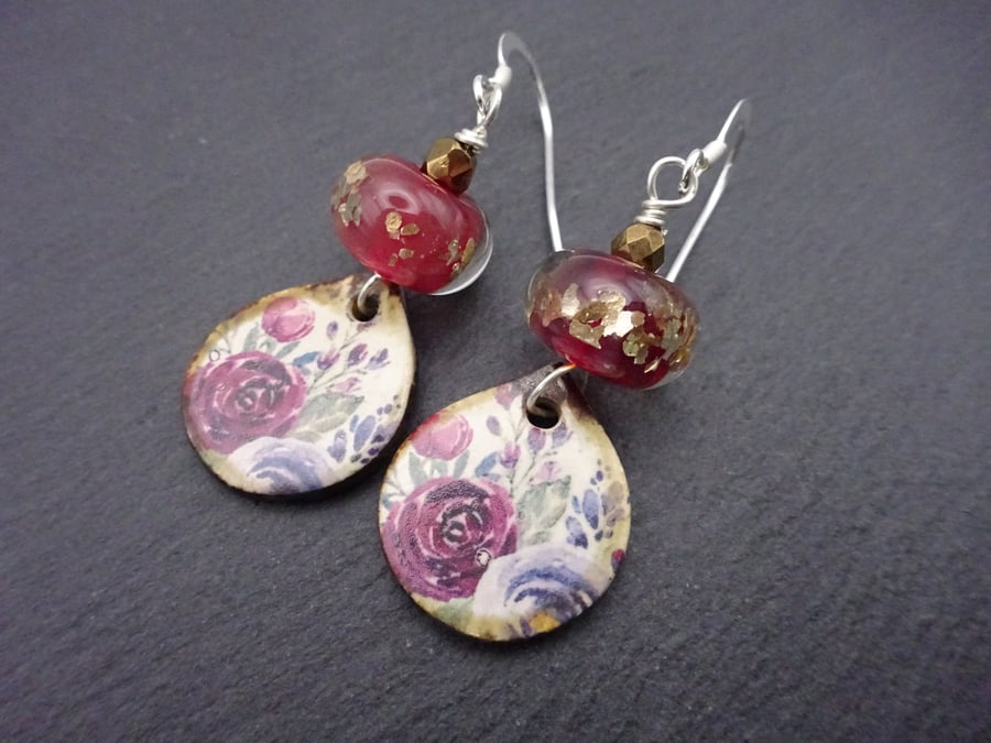red rose and glitter lampwork glass earrings