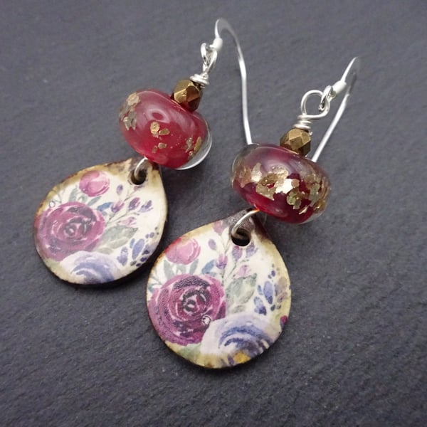 red rose and glitter lampwork glass earrings