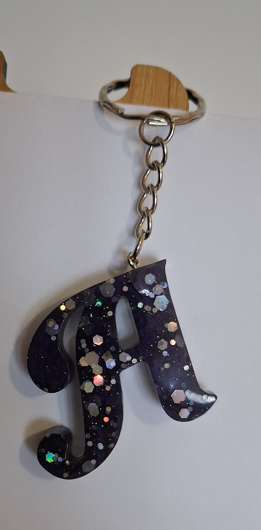Handmade epoxy resin keyring with initial letter A