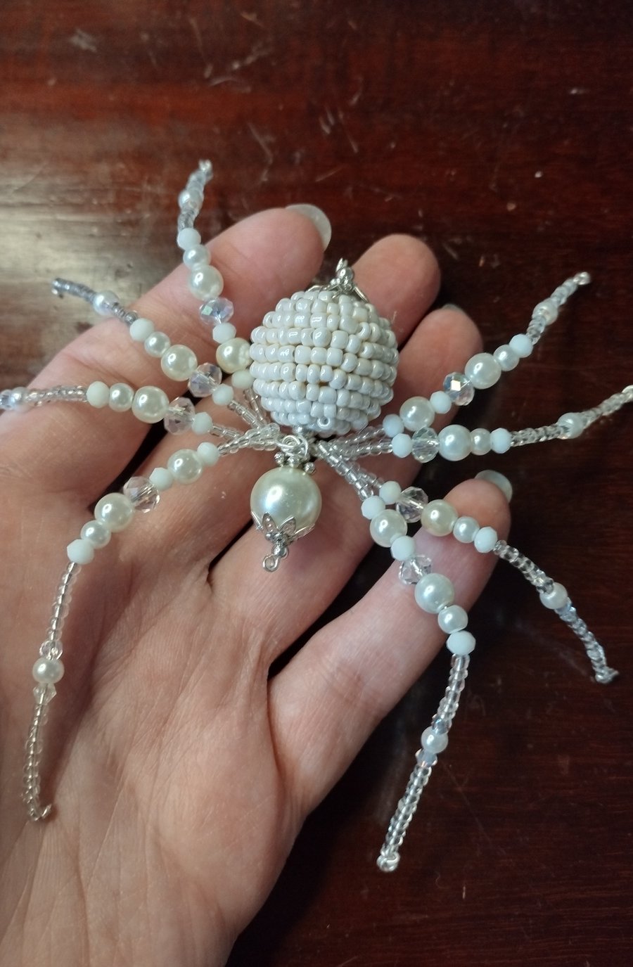 Winter spider, beaded spider decoration, white Christmas spider, Yule decoration