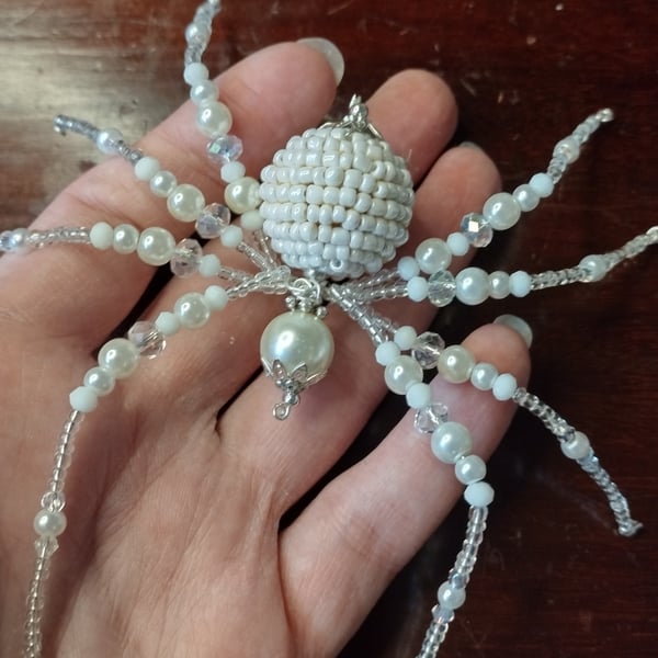 Winter spider, beaded spider decoration, white Christmas spider, Yule decoration