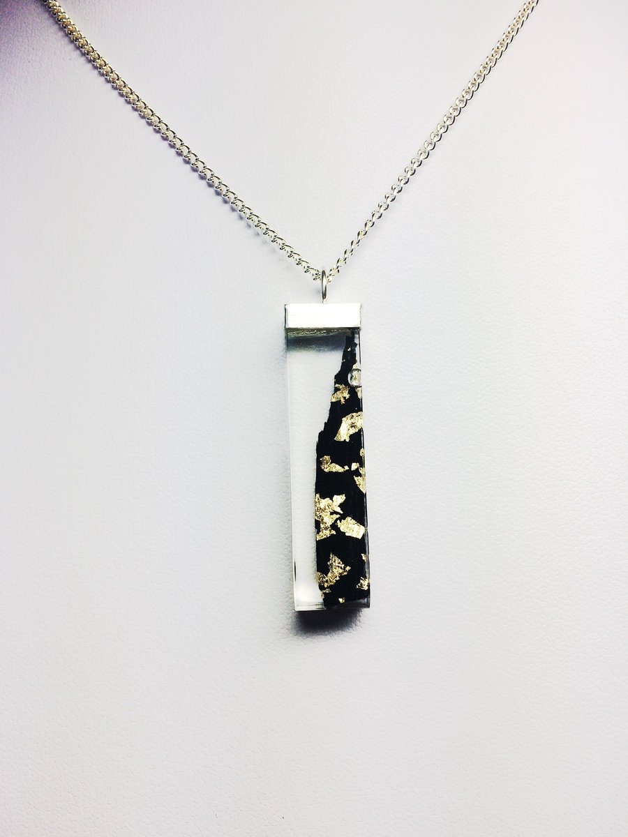 Rectangular Resin Pendant Necklace Ebony Shard with Gold Leaf Silver Cap