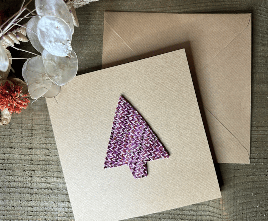 Textile Christmas Card, Pink Christmas Tree, Hand Dyed & Woven British Wool Card