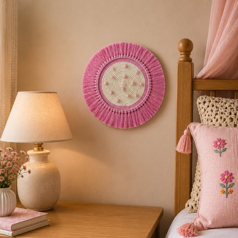 "Ntombi 1" Pink & Off White Macrame Wall Hanging Fibre Mandala Art