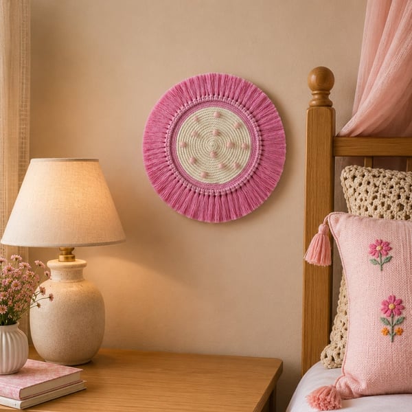 "Ntombi 1" Pink & Off White Macrame Wall Hanging Fibre Mandala Art