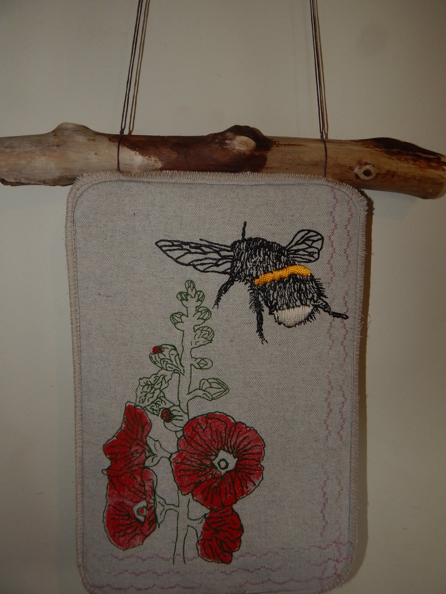 Bee and red Hollyhock Screen Printed - Hanging on Cumbrian Drift wood