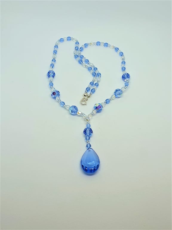 Sterling Silver Y Necklace - Dark Blue Swarovski Crystal Teardrop Pendant