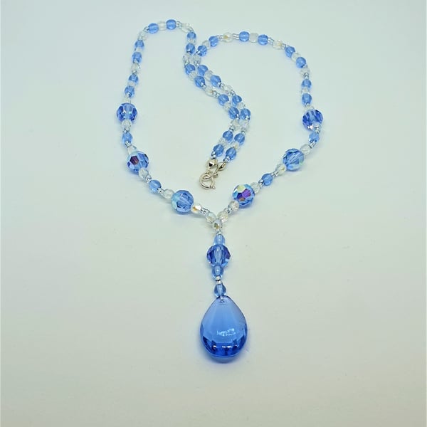 Sterling Silver Y Necklace - Dark Blue Swarovski Crystal Teardrop Pendant