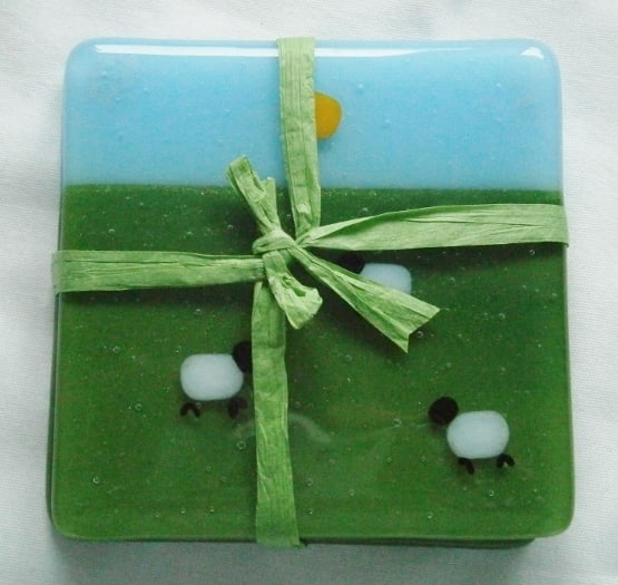 Fused glass Sheepy coasters