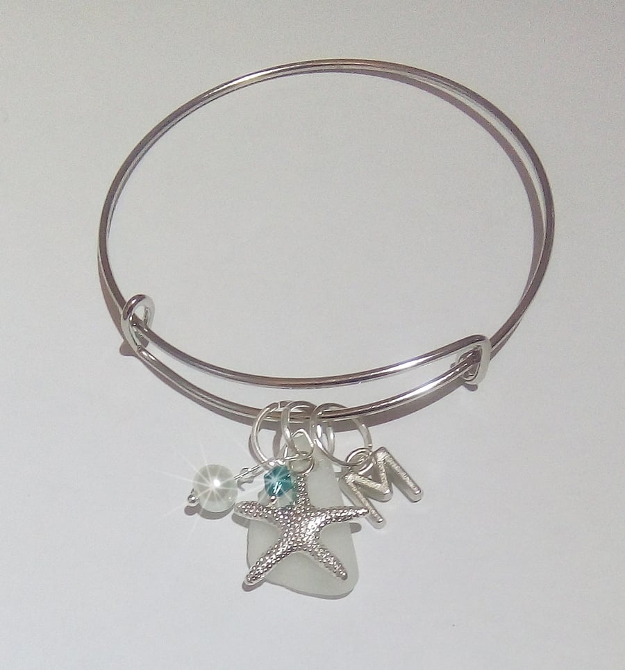 Personalised sea glass bangle - bracelet. Beach glass initial bracelet. 