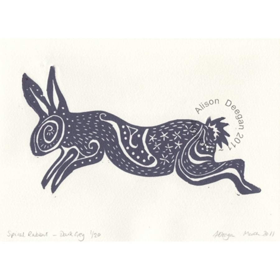 ORIGINAL lino cut print "Spiral Rabbit in Dark Grey"